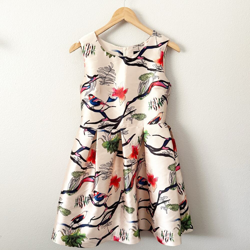O&Y | Bird Print Box Pleat Pleating Dress High Neck Party Formal Gown | Medium